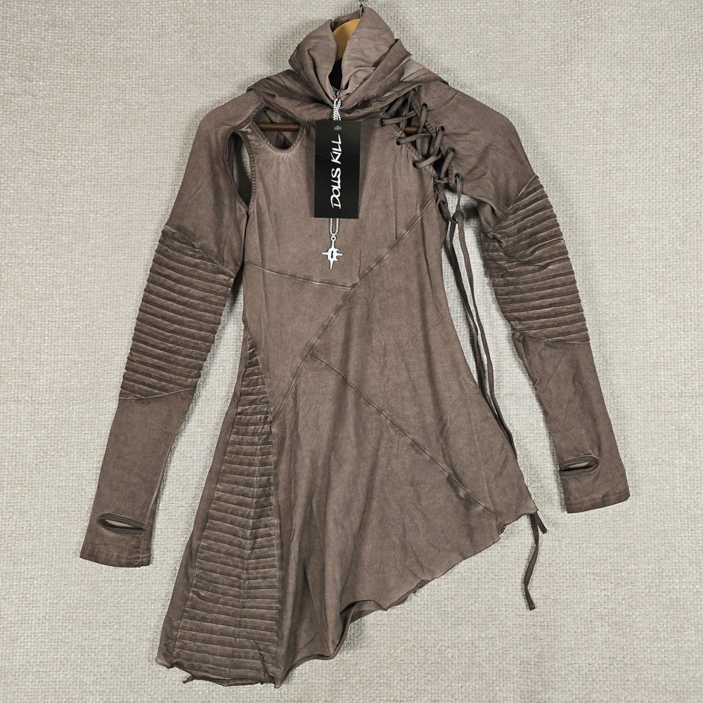 Darker Wavs Frequency Asymmetrical Hooded Mini Dress Earthen Brown XXS NEW